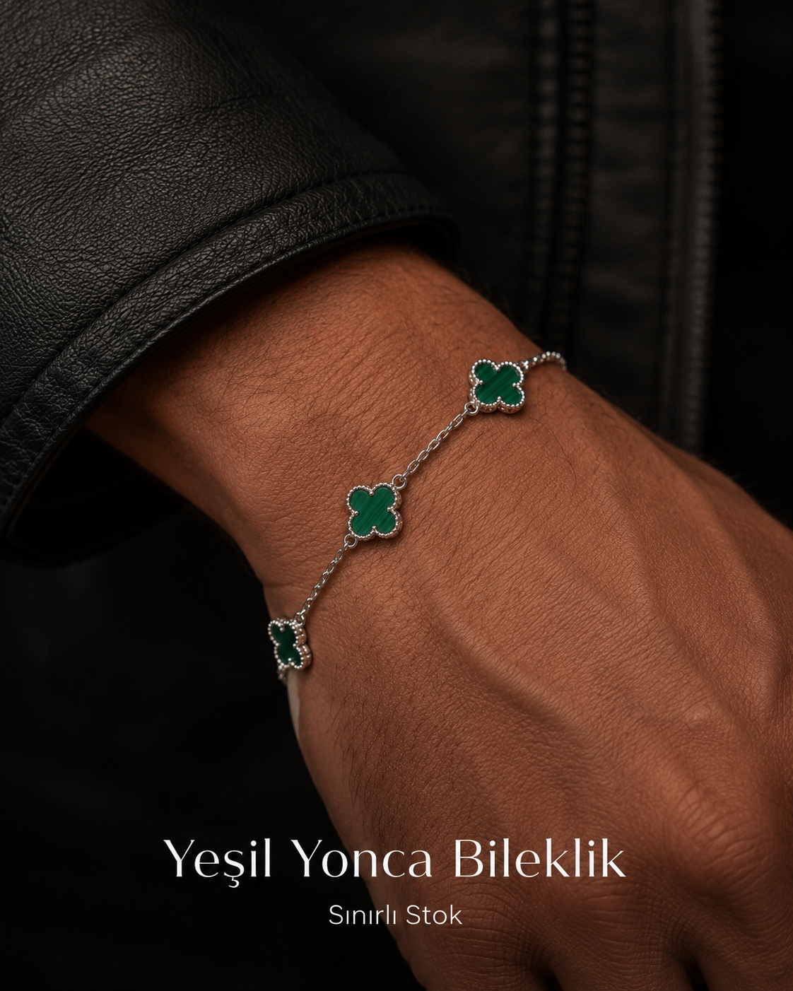 925 Ayar Gümüş - Yonca Yeşil Bileklik